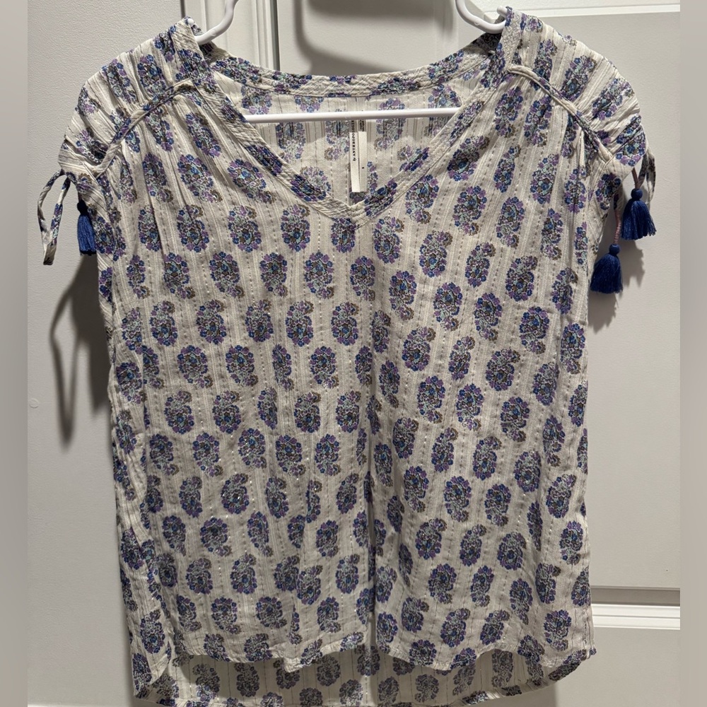 Anthropologie Blue and White Patterned Blouse with Tassels - Size Small